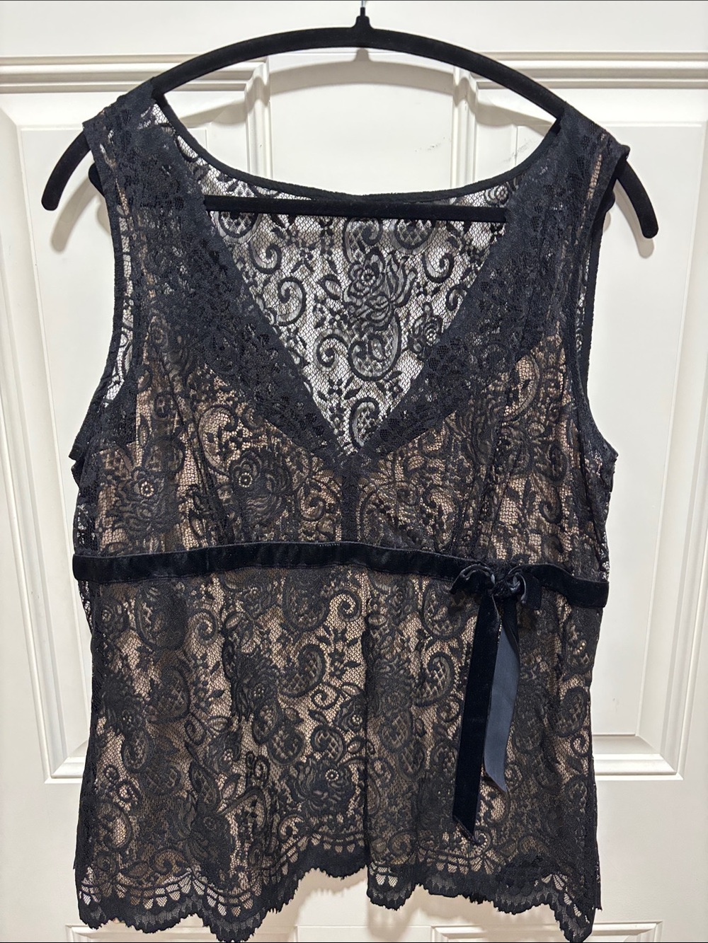 LOFT Black Lace V-Neck Chemise with Ribbon Waist